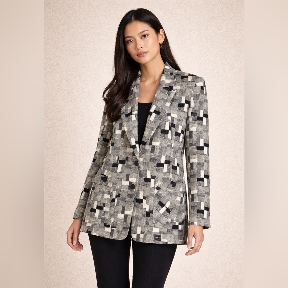 Vintage Geo Print Wool Cashmere Blazer Size 8 Chic Contemporary Academia Cozy